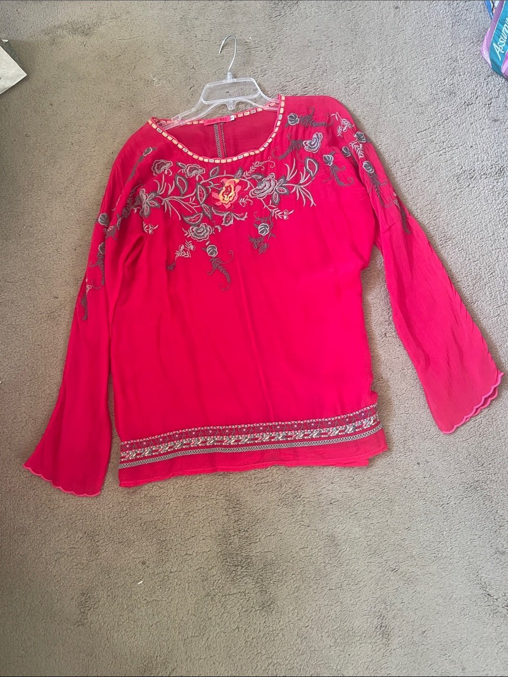 Johnny Was Embroidered sheer red  Long-Sleeve Women's Top - size S-M